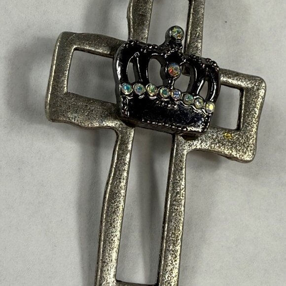 Silver Tone Metal Cross Pendant With Rhinestone Crown Embellishment for Necklace - Picture 15 of 15